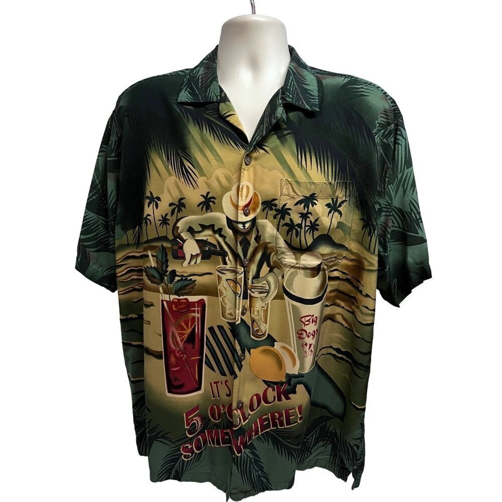 Big Dogs Vintage Floral Hawaiian Aloha Button Up Shirt Large Pocket Cocktails